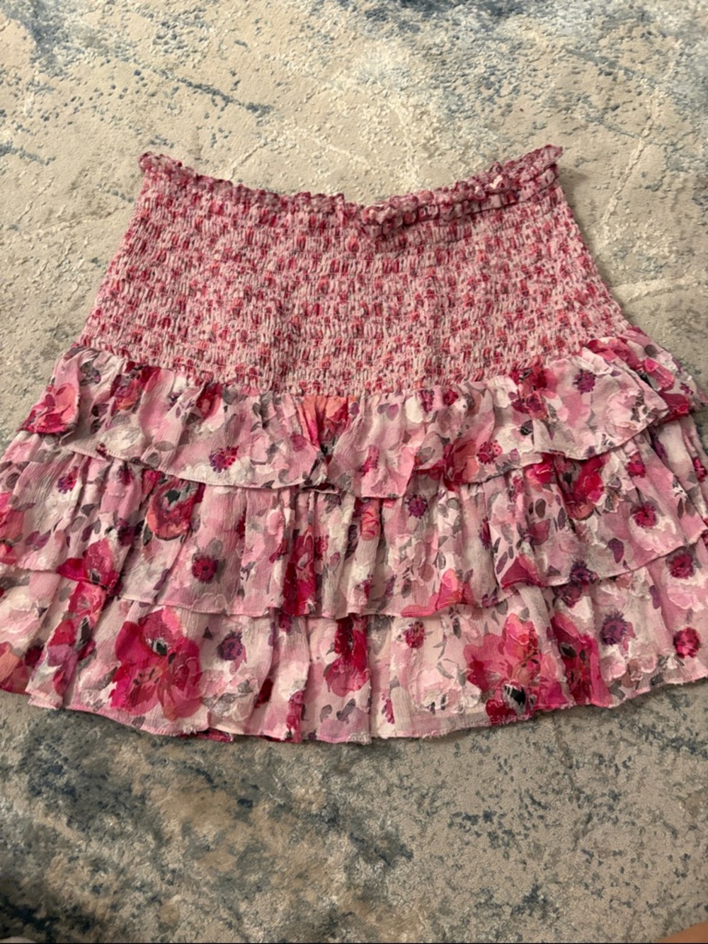 LoveShackFancy Pink Floral Tiered Smocked Mini Skirt